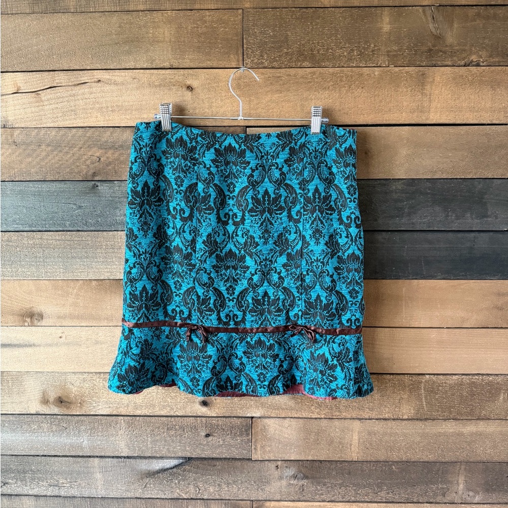 Vintage Teal Black Tapestry Pattern Mini Skirt Textured Karen Kane Y2K